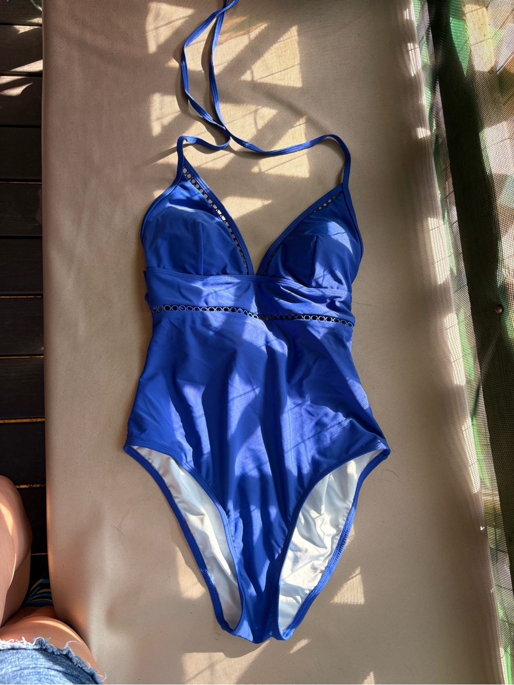 Blue One-Piece Swimsuit with Decorative Trim